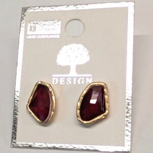 New Stud Earrings Red Faceted Gold Trim Organic Shape Glass? Gift
